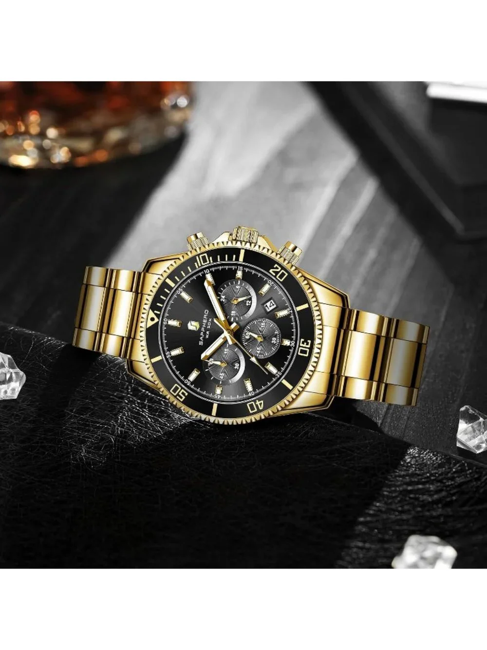 Men's Gold Strap/ Black face Chronograph Stainless Steel Quartz Wrist Watch